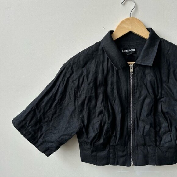 LAMARQUE Black Zip Linen Collared Crop Top Size S - Picture 2 of 7